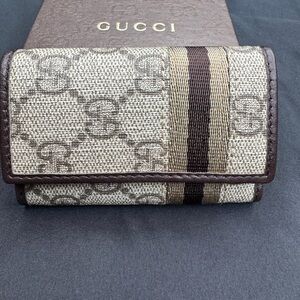 Gucci Beige and Brown GG Canvas Trifold Web Stripe Key Holder / Card Wallet